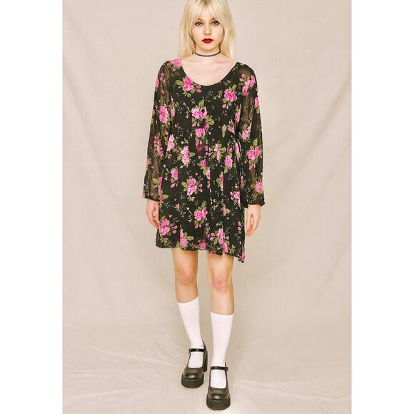 Contempo Casuals Dresses & Skirts - Contempo Casual 90s Floral Sheer Babydoll Fairy Whimsygoth Grunge L/S MEDIUM